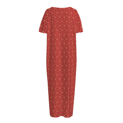 Red Geometric Japanese Pattern Print Short Sleeve Long Nightdress
