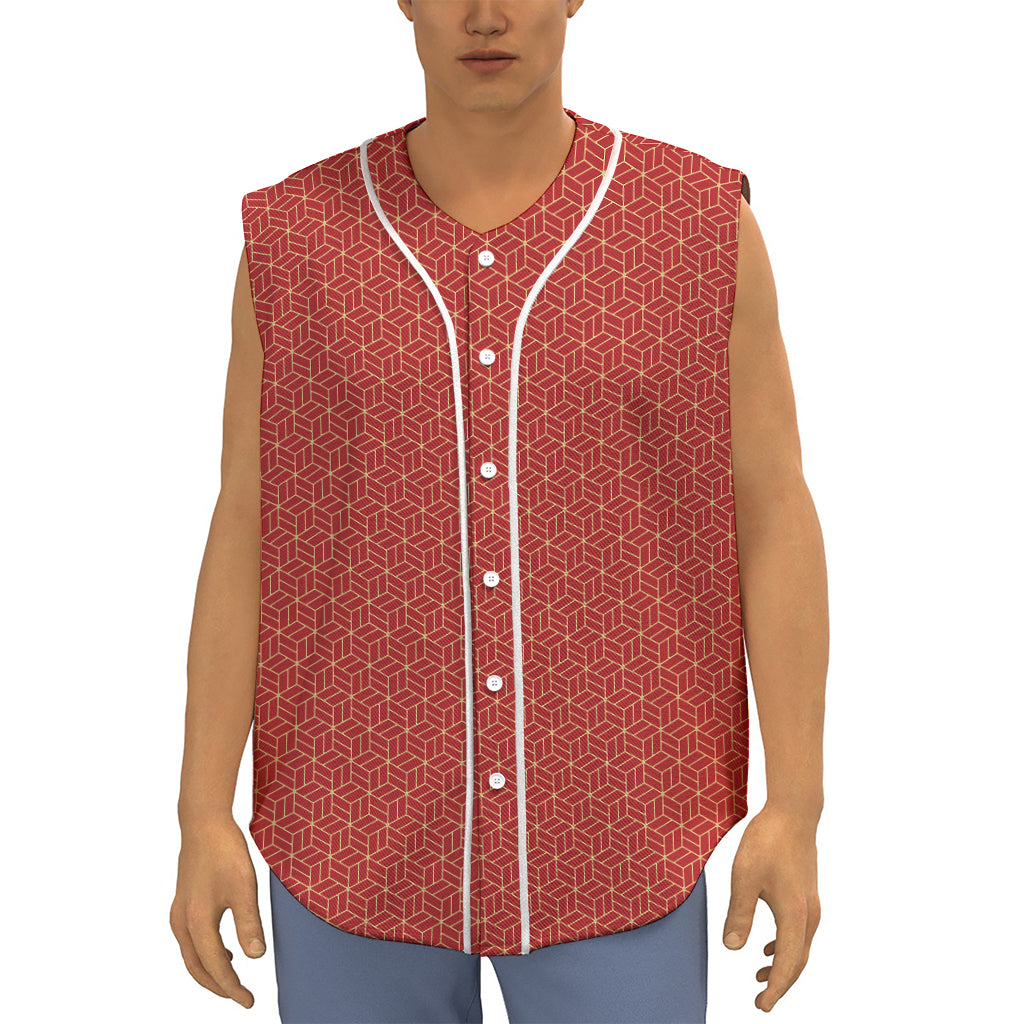 Red Geometric Japanese Pattern Print Sleeveless Baseball Jersey
