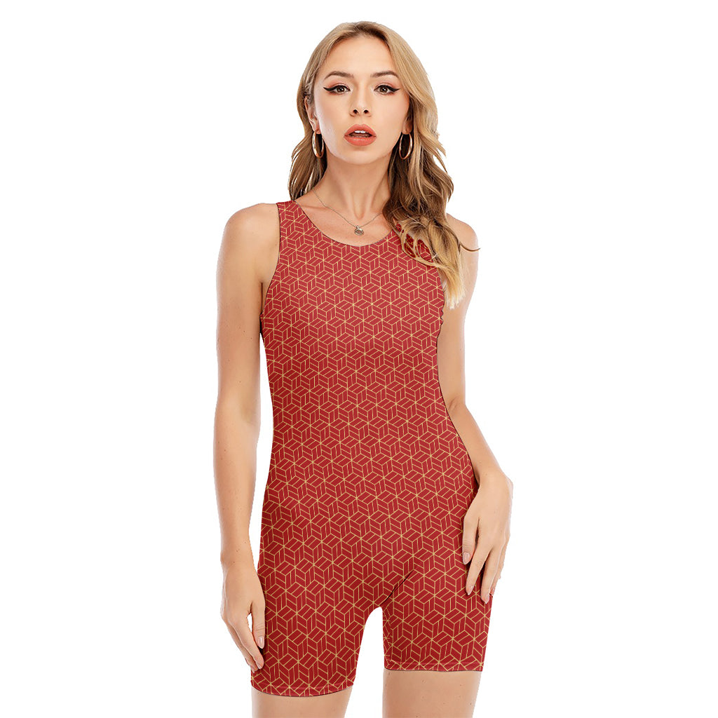 Red Geometric Japanese Pattern Print Sleeveless One Piece Swimsuit