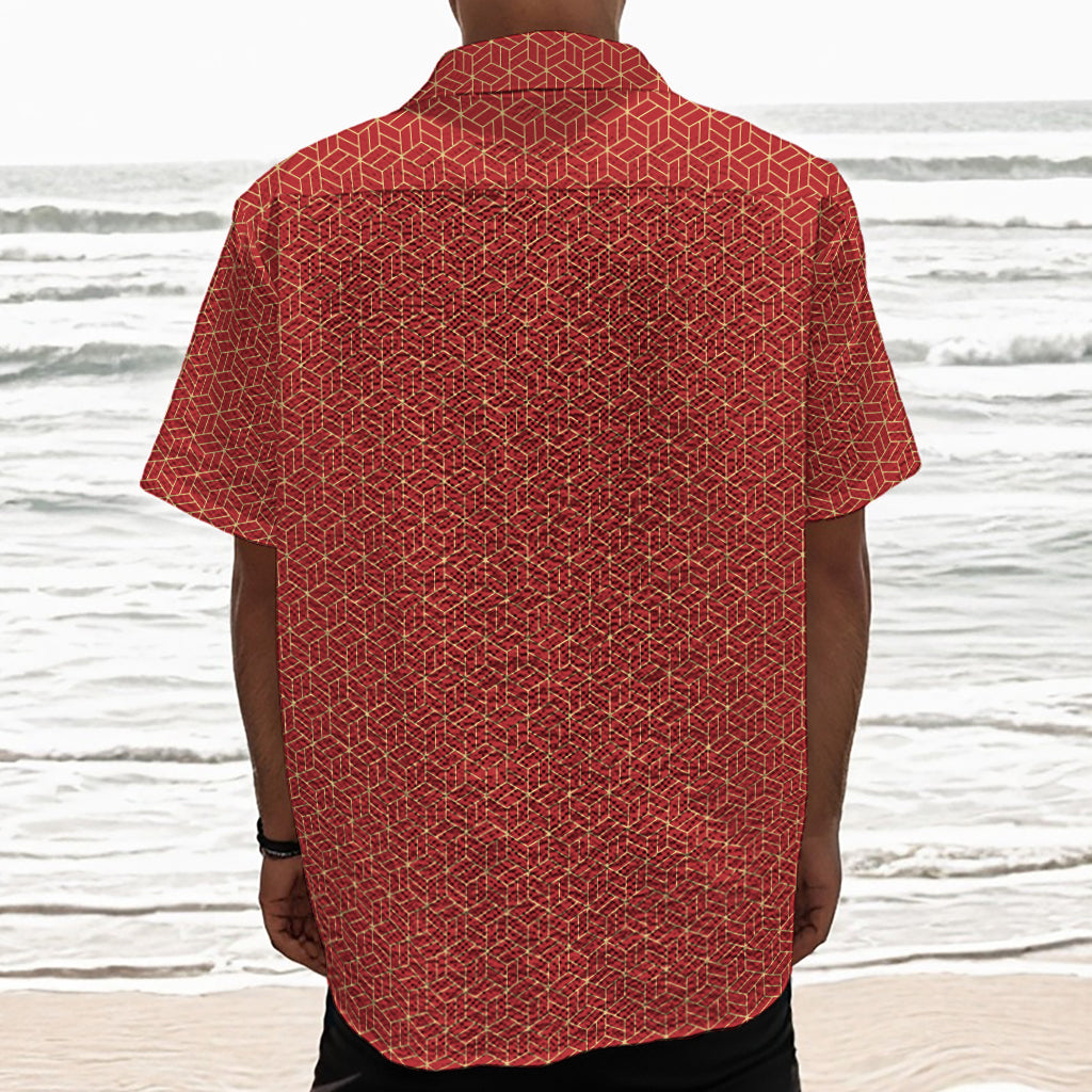 Red Geometric Japanese Pattern Print Textured Short Sleeve Shirt
