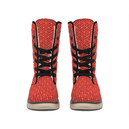 Red Geometric Japanese Pattern Print Winter Boots