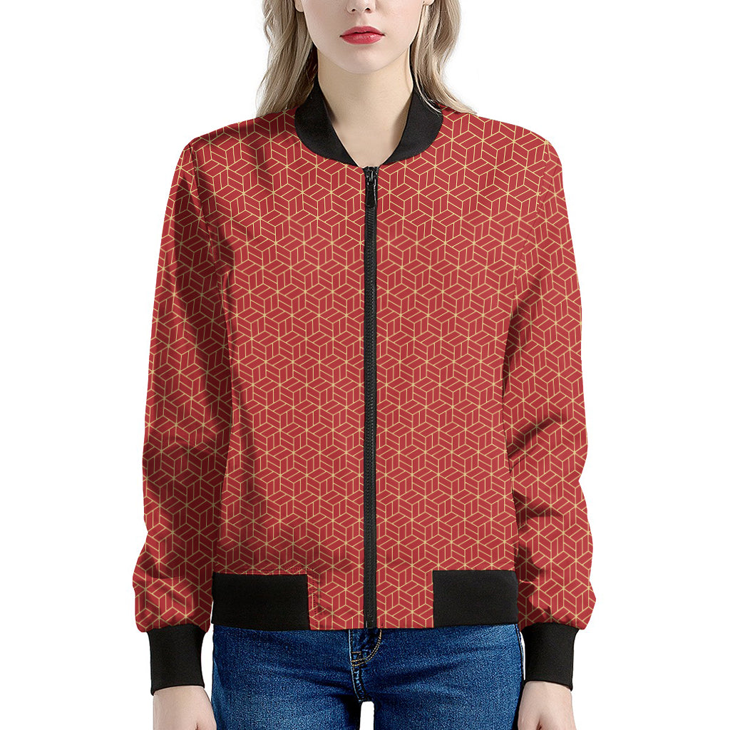 Red Geometric Japanese Pattern Print Women's Bomber Jacket