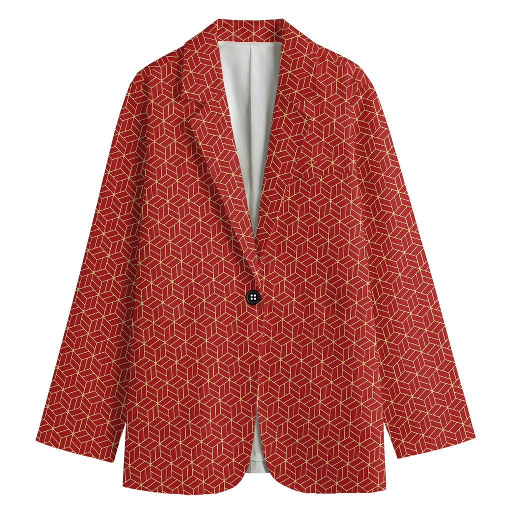 Red Geometric Japanese Pattern Print Women's Cotton Blazer