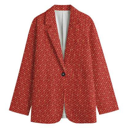 Red Geometric Japanese Pattern Print Women's Cotton Blazer