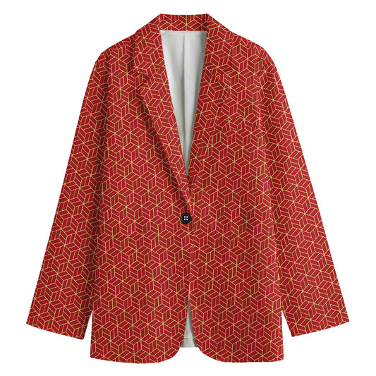 Red Geometric Japanese Pattern Print Women's Cotton Blazer
