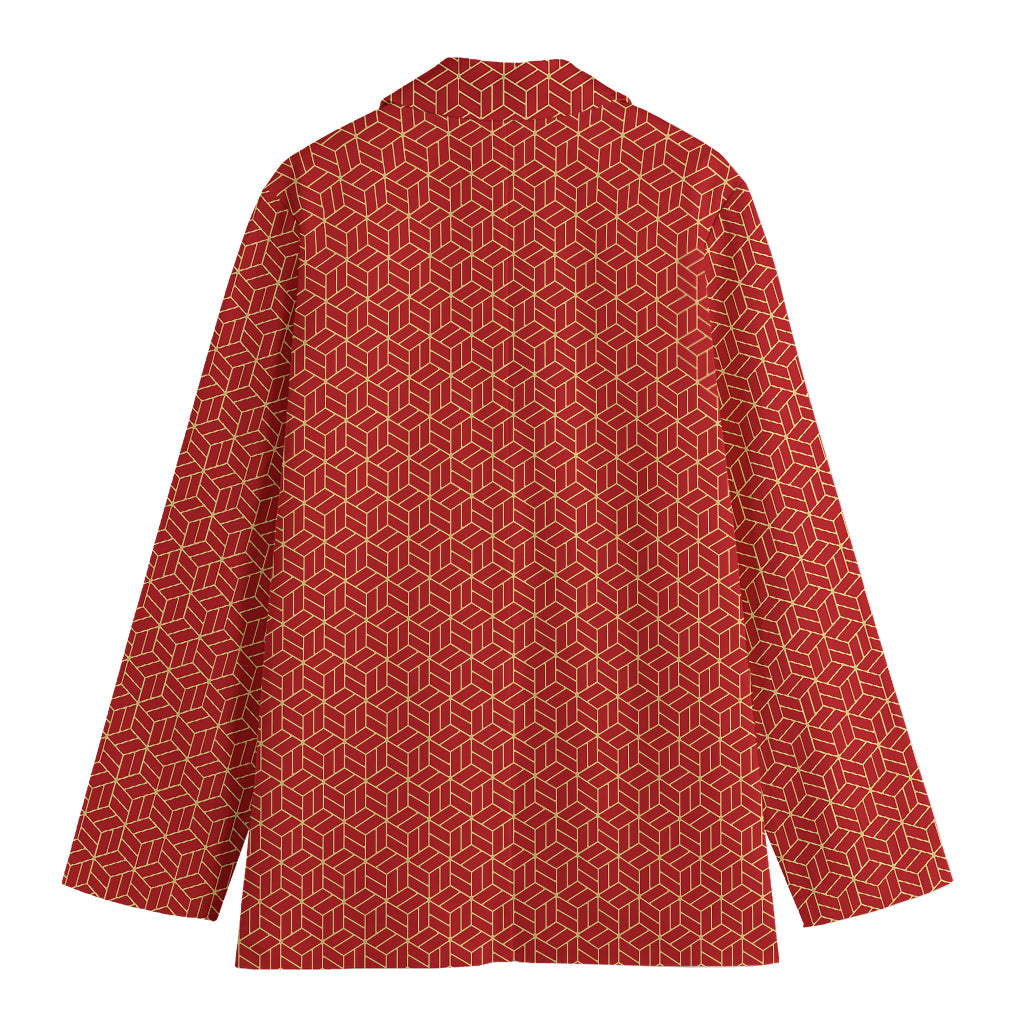 Red Geometric Japanese Pattern Print Women's Cotton Blazer