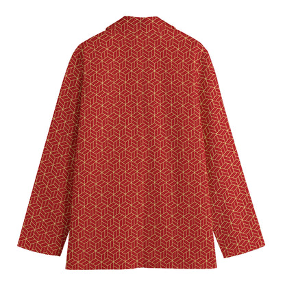 Red Geometric Japanese Pattern Print Women's Cotton Blazer