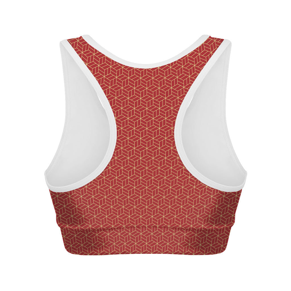 Red Geometric Japanese Pattern Print Women's Sports Bra