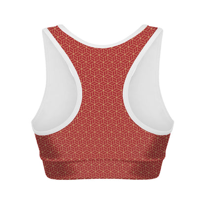 Red Geometric Japanese Pattern Print Women's Sports Bra