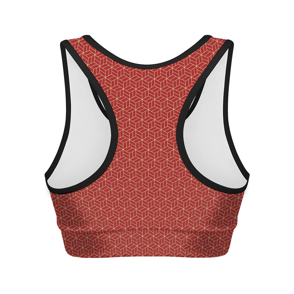 Red Geometric Japanese Pattern Print Women's Sports Bra