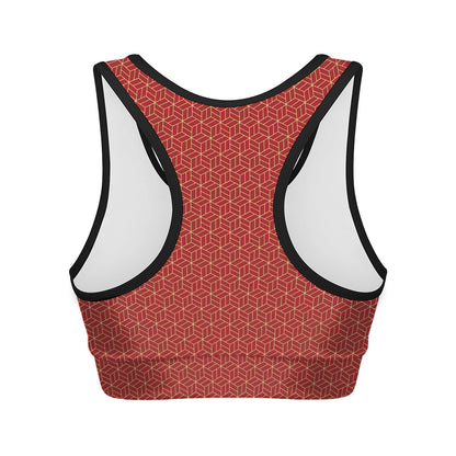 Red Geometric Japanese Pattern Print Women's Sports Bra