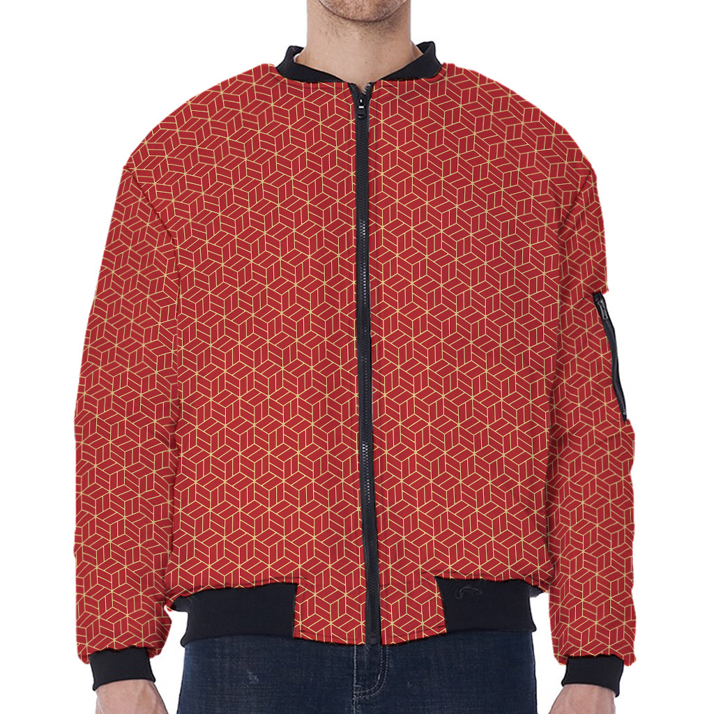 Red Geometric Japanese Pattern Print Zip Sleeve Bomber Jacket