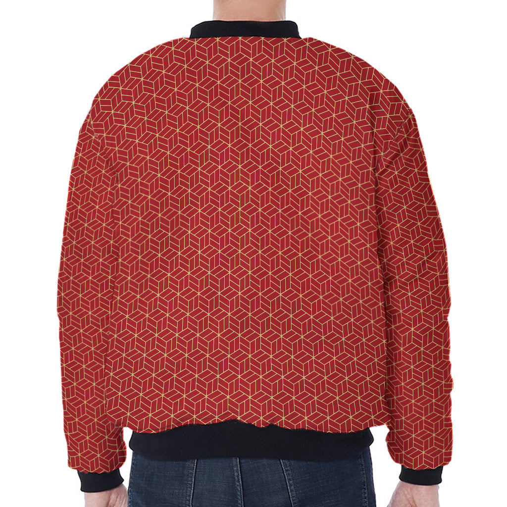 Red Geometric Japanese Pattern Print Zip Sleeve Bomber Jacket