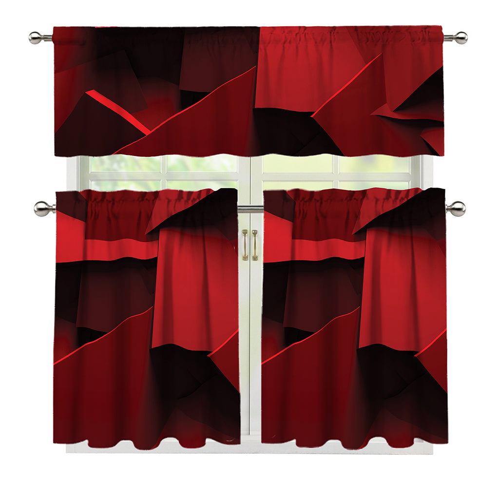 Red Geometric Print 3 Piece Kitchen Curtains