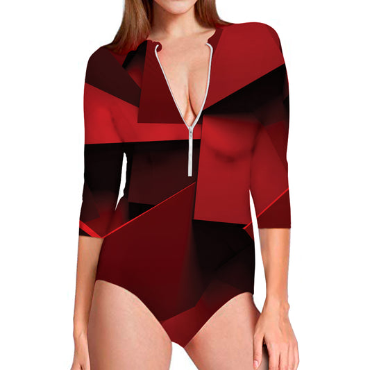 Red Geometric Print Long Sleeve Swimsuit