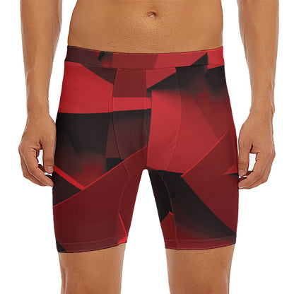 Red Geometric Print Men's Long Boxer Briefs