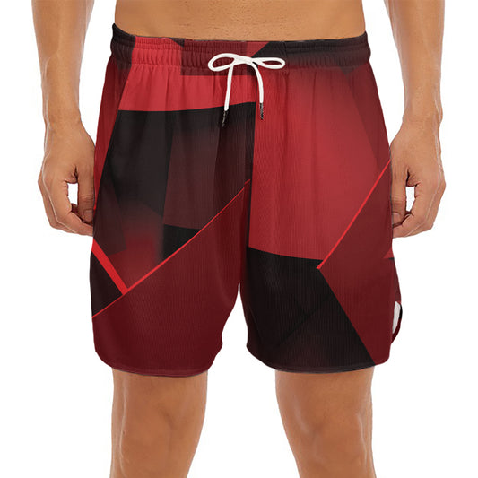 Red Geometric Print Men's Split Running Shorts
