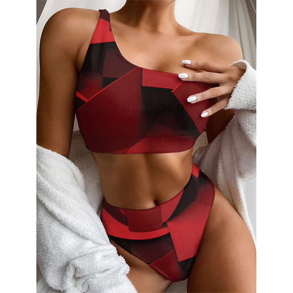 Red Geometric Print One Shoulder Bikini Top