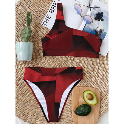 Red Geometric Print One Shoulder Bikini Top