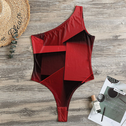 Red Geometric Print One Shoulder Bodysuit