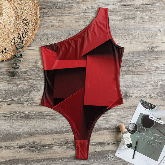 Red Geometric Print One Shoulder Bodysuit