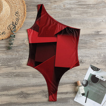 Red Geometric Print One Shoulder Bodysuit