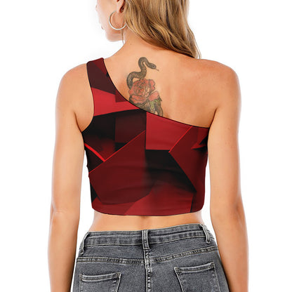 Red Geometric Print One Shoulder Crop Top