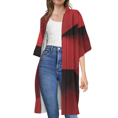 Red Geometric Print Open Front Beach Cover Up