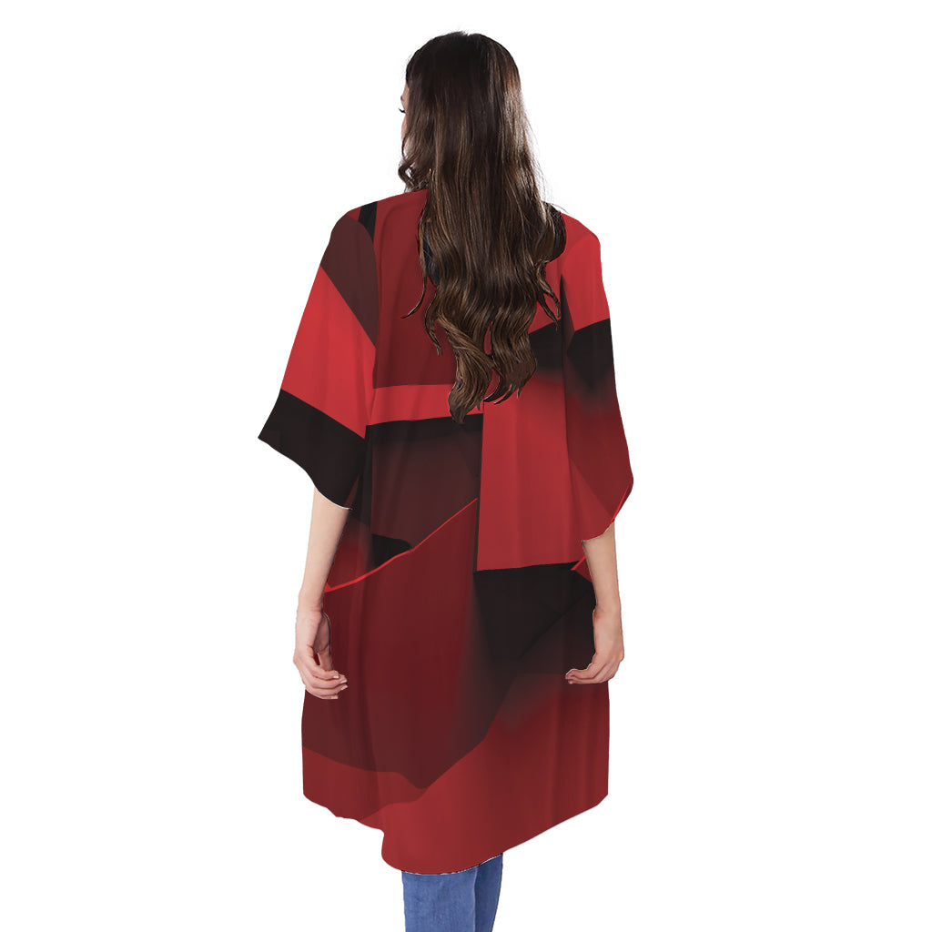 Red Geometric Print Open Front Beach Cover Up