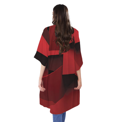 Red Geometric Print Open Front Beach Cover Up
