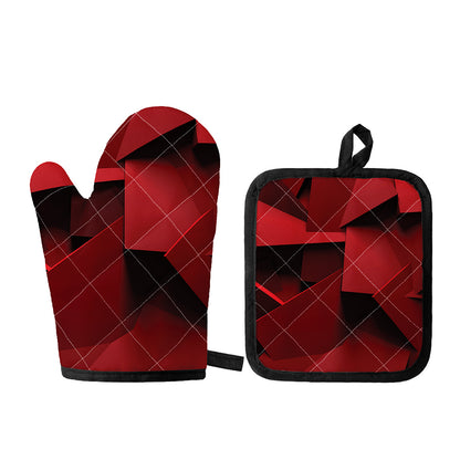 Red Geometric Print Oven Mitt And Pot Holder Set