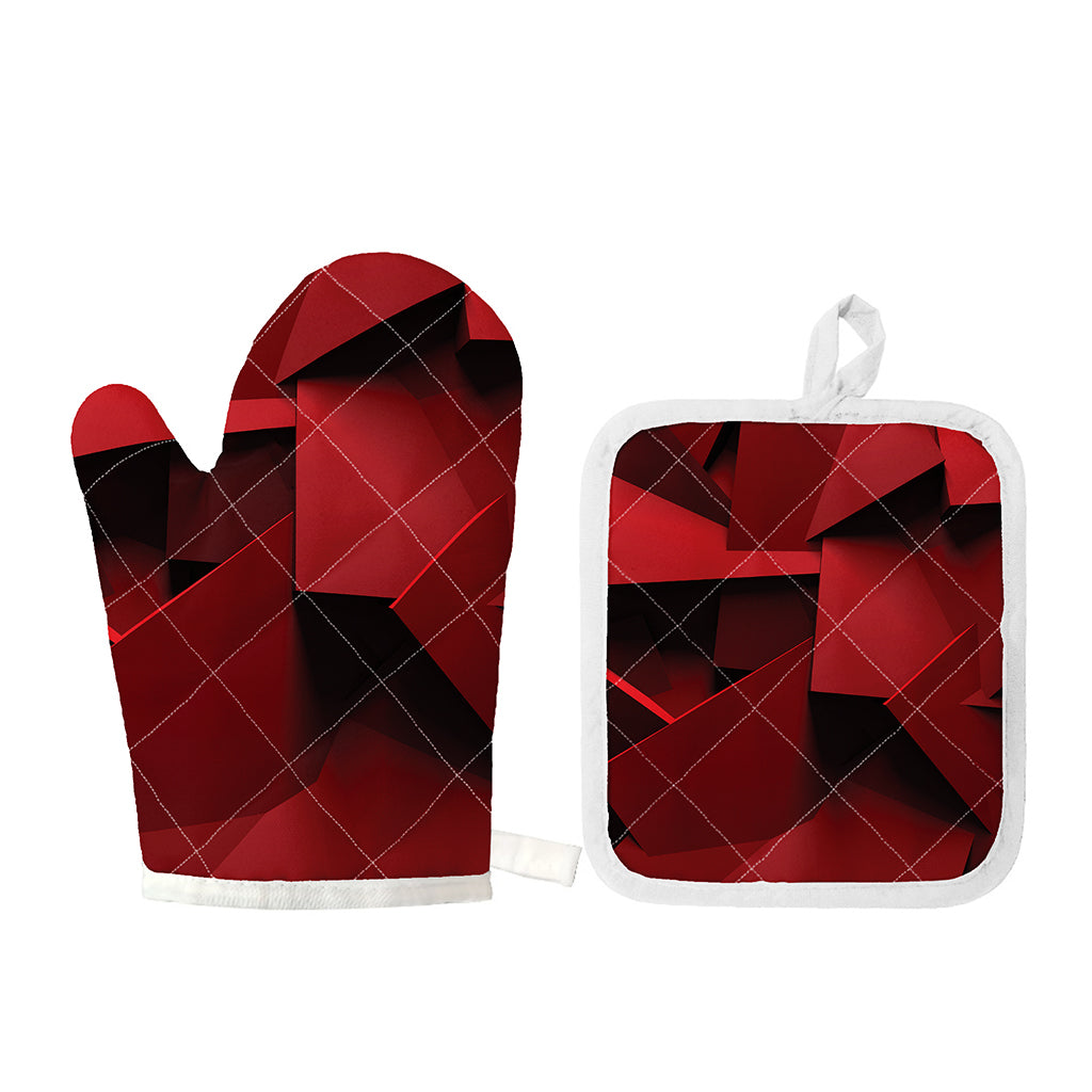 Red Geometric Print Oven Mitt And Pot Holder Set
