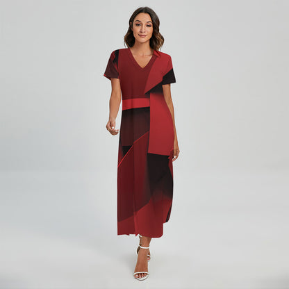 Red Geometric Print Short Sleeve Maxi Dress