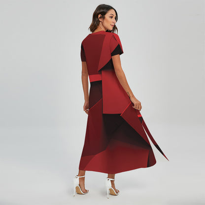 Red Geometric Print Short Sleeve Maxi Dress