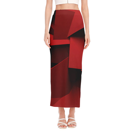 Red Geometric Print Side Slit Maxi Skirt