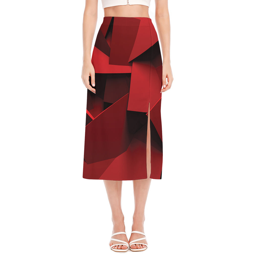 Red Geometric Print Side Slit Midi Skirt