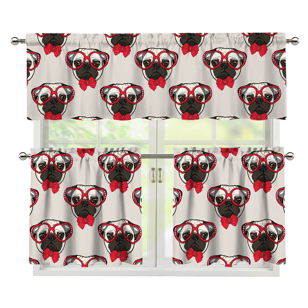 Red Glasses Pug Pattern Print 3 Piece Kitchen Curtains