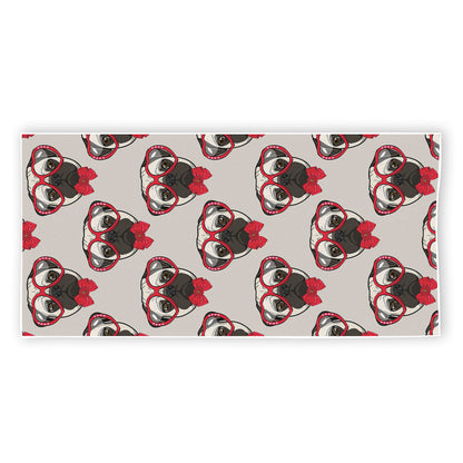 Red Glasses Pug Pattern Print Beach Towel