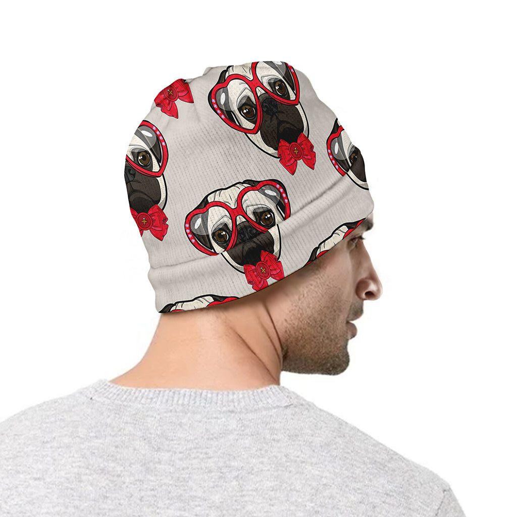 Red Glasses Pug Pattern Print Beanie