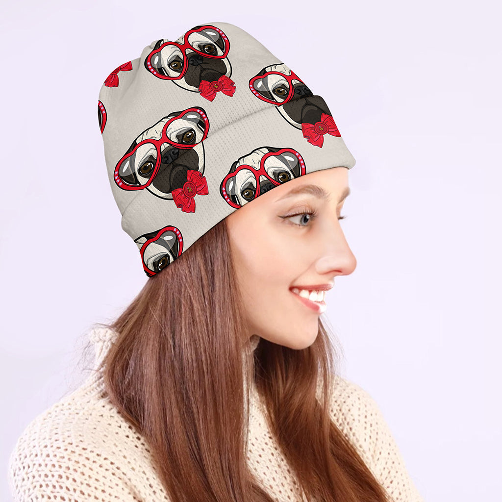 Red Glasses Pug Pattern Print Beanie