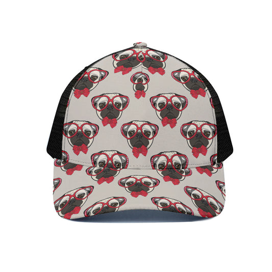 Red Glasses Pug Pattern Print Black Mesh Trucker Cap