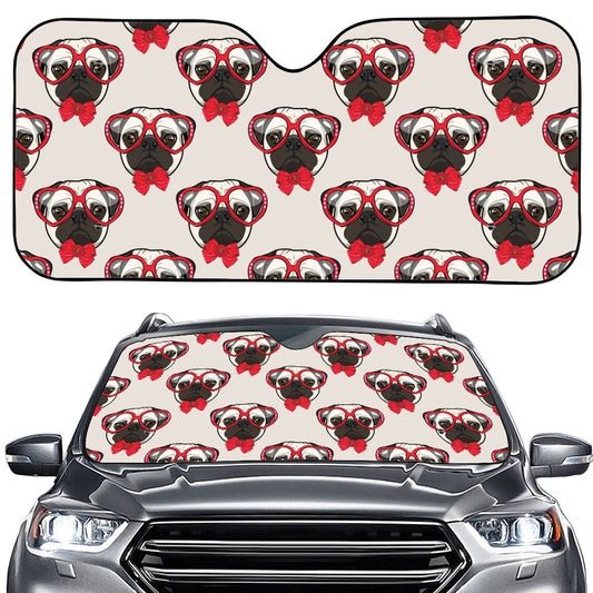 Red Glasses Pug Pattern Print Car Windshield Sun Shade
