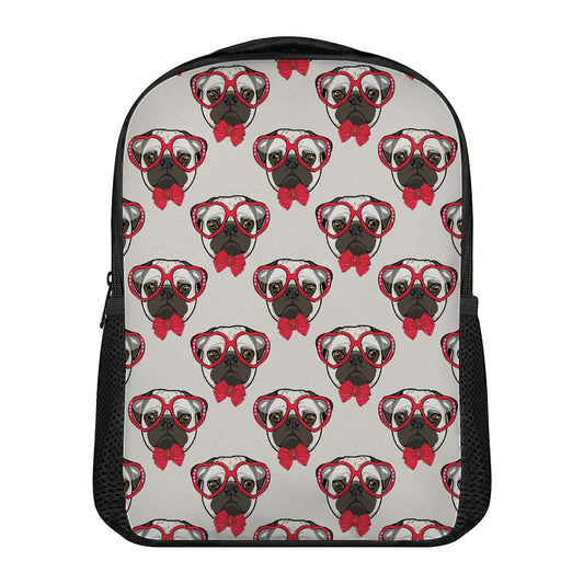 Red Glasses Pug Pattern Print Casual Backpack