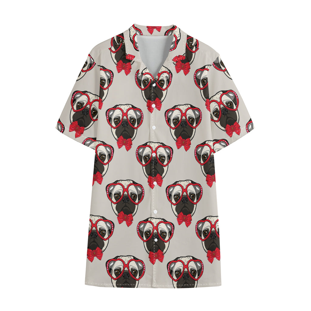 Red Glasses Pug Pattern Print Cotton Hawaiian Shirt