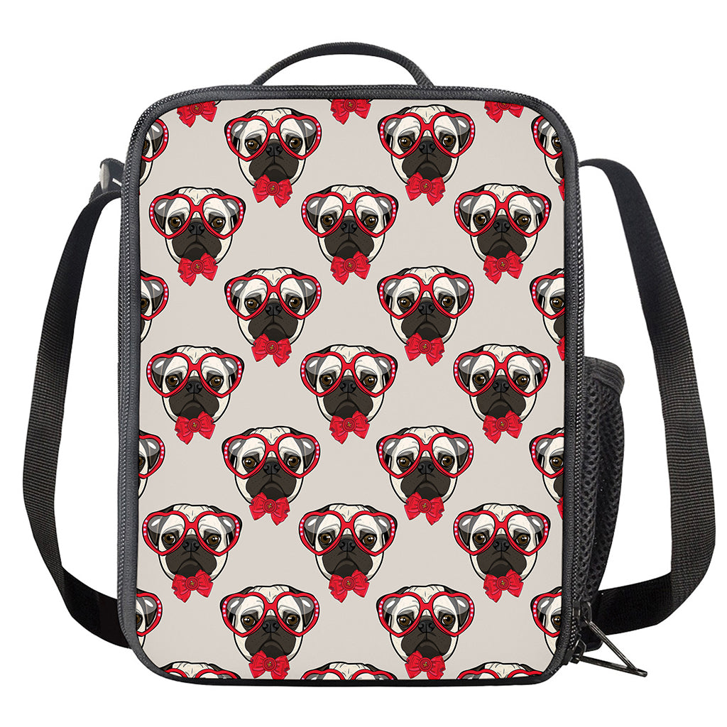 Red Glasses Pug Pattern Print Crossbody Lunch Bag