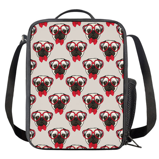 Red Glasses Pug Pattern Print Crossbody Lunch Bag