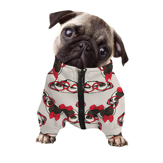 Red Glasses Pug Pattern Print Dog Zip Up Jacket