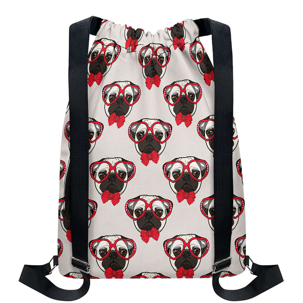 Red Glasses Pug Pattern Print Drawstring Backpack