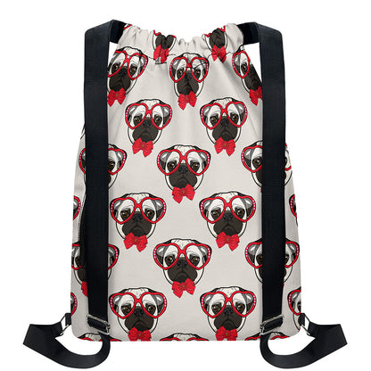 Red Glasses Pug Pattern Print Drawstring Backpack