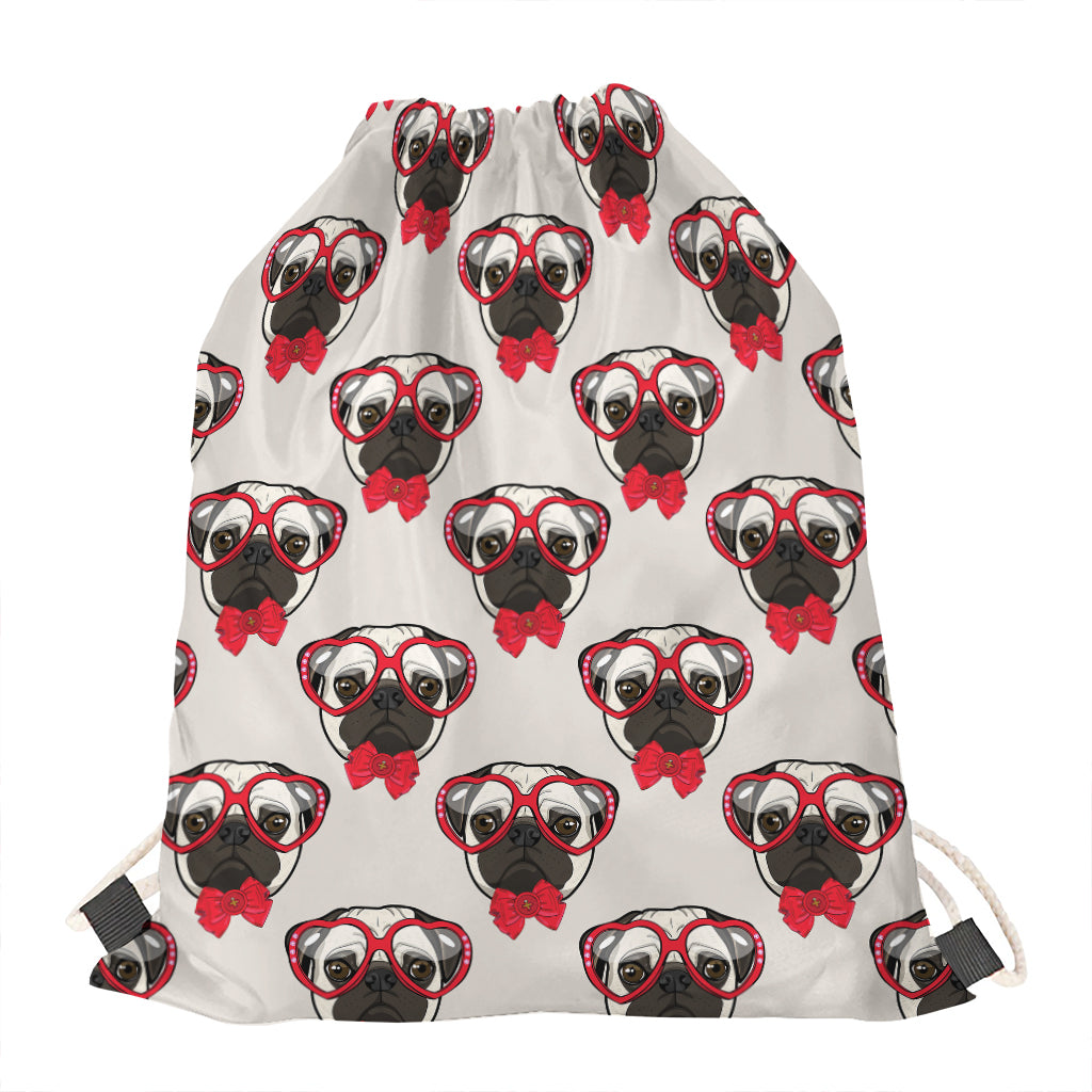 Red Glasses Pug Pattern Print Drawstring Bag